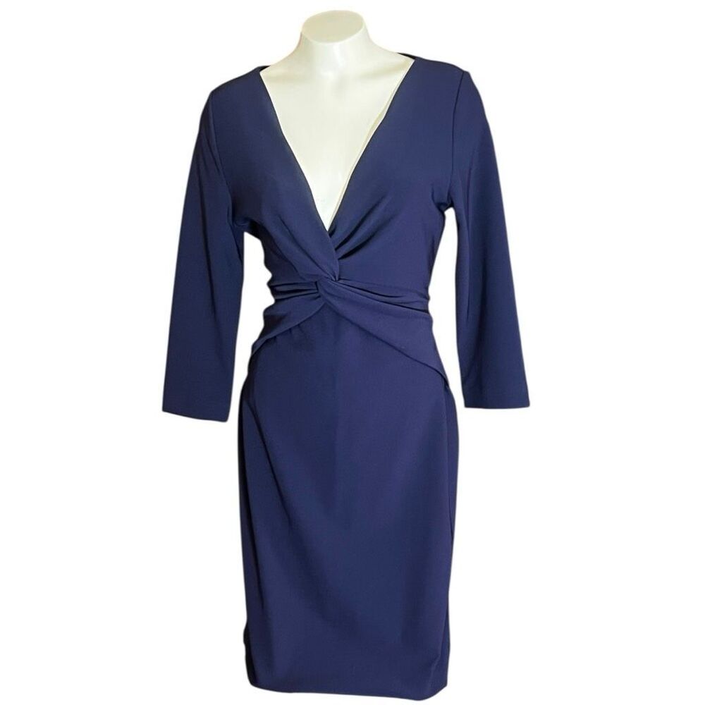 Boston Proper Blue Plunge Neckline Knot Front 3/4 Sleeve Dress Sz 10